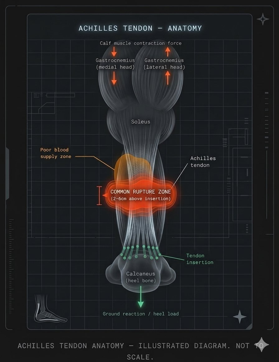 Achilles tendon anatomy diagram showing gastrocnemius, soleus, common rupture zone 2-6cm above insertion, and calcaneus